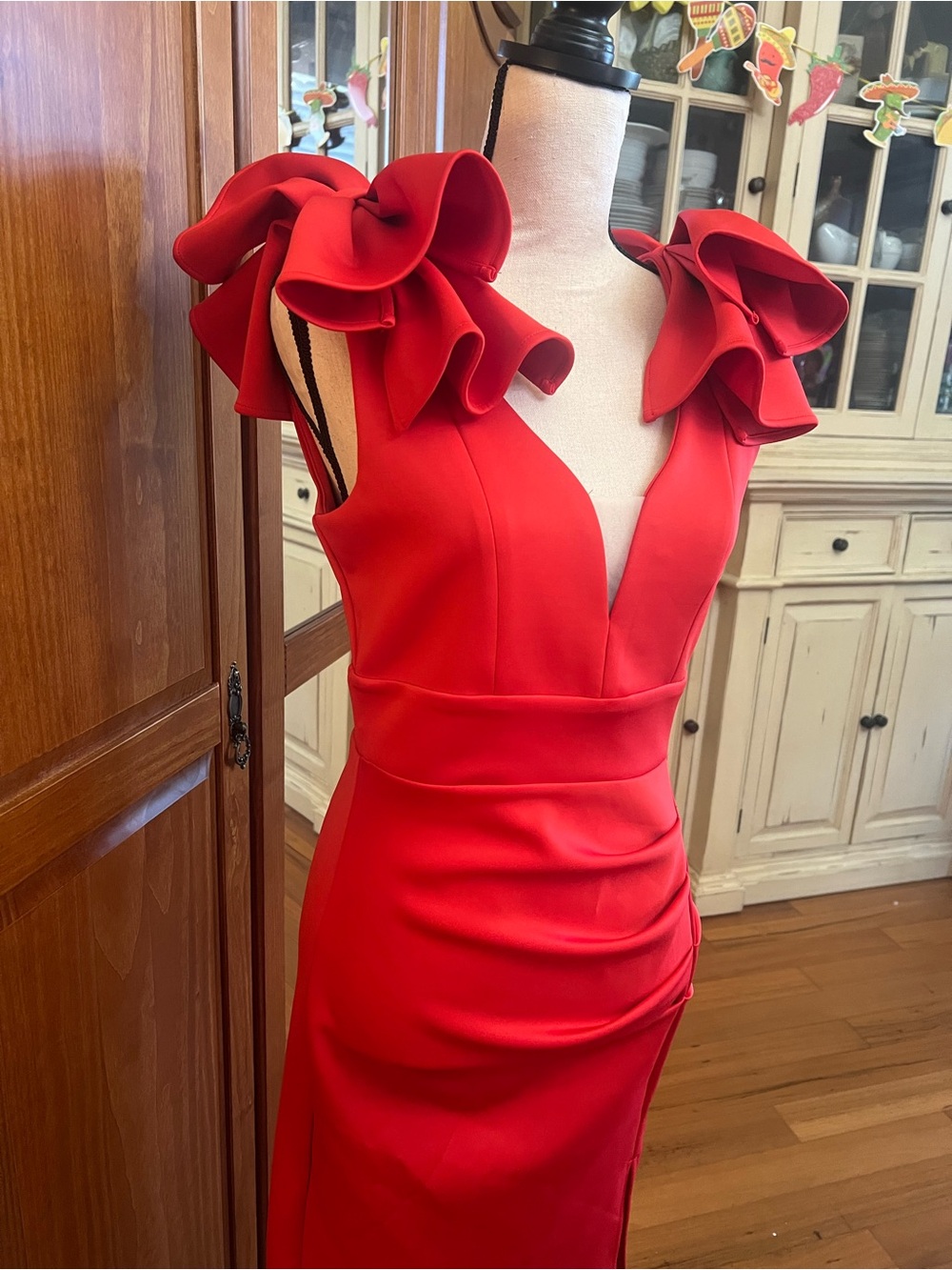 Red Ruffle Shoulder V-Neck Mini Dress - Picture 3 of 6